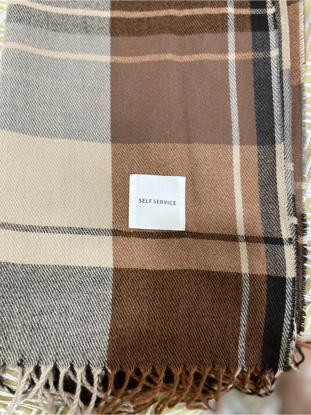 Self service Plaid Fringe Scarf in Brown and Tan